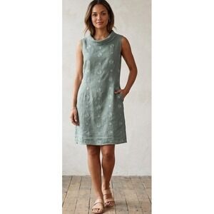 Lina Tomei Italy Linen Polka Dot Sleeveless Shift Dress Blue-Green Large Pockets